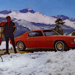 1972 Chevrolet Camaro ad, snow, red car, skiing,