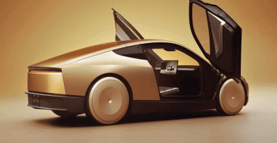 Tesla Cybercab, Robo Taxi, Gleaming Gold, rear 3/4 view, doors open, doors up
